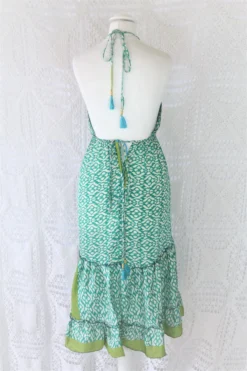 Cherry Midi Dress - Vintage Indian Sari - Sea Green & Lime Tile Print - Free Size -Woviqueen Sales IMG 9763 2 scaled