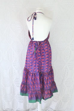 Cherry Midi Dress - Vintage Indian Sari - Deep Coral & Indigo Motif - Free Size -Woviqueen Sales IMG 9775 2 scaled