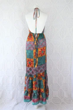 Cherry Maxi Dress - Vintage Indian Sari - Teal, Mustard & Rose Patchwork Floral Shimmer - Free Size -Woviqueen Sales IMG 9861 a1eda0c4 eab9 4f5a be38 904035e9ab25 scaled