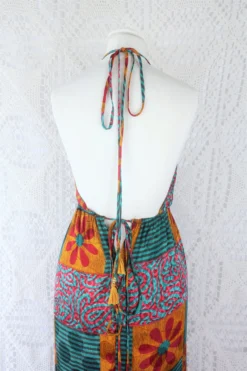 Cherry Maxi Dress - Vintage Indian Sari - Teal, Mustard & Rose Patchwork Floral Shimmer - Free Size -Woviqueen Sales IMG 9862 9c191143 7afb 4a2f 9a86 0c02fd23bedf scaled