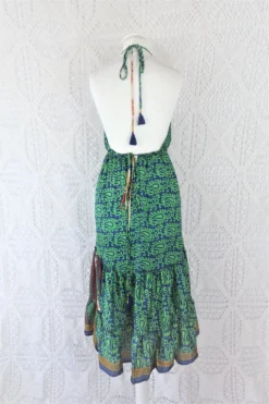 Cherry Midi Dress - Vintage Indian Sari - Indigo & Apple Bold Paisley - Free Size -Woviqueen Sales IMG 9911 2 scaled