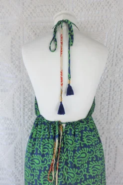 Cherry Midi Dress - Vintage Indian Sari - Indigo & Apple Bold Paisley - Free Size -Woviqueen Sales IMG 9912 2 scaled