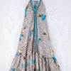 Blossom Halter Maxi Dress - Vintage Sari - White, Moss & Turquoise Stripy Floral - Free Size S/M