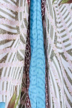 Blossom Halter Maxi Dress - Vintage Sari - White, Moss & Turquoise Stripy Floral - Free Size S/M -Woviqueen Sales blossom maxi halter dress summer boho style 70s hippie midi dress frill hem handmade recycled vintage sari by all about audrey 118