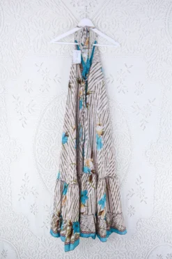 Blossom Halter Maxi Dress - Vintage Sari - White, Moss & Turquoise Stripy Floral - Free Size S/M -Woviqueen Sales blossom maxi halter dress summer boho style 70s hippie midi dress frill hem handmade recycled vintage sari by all about audrey 119
