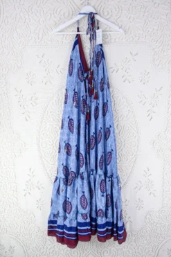 Blossom Halter Maxi Dress - Vintage Sari - Embellished Tonal Violet Leaf Print - Free Size M/L -Woviqueen Sales blossom maxi halter dress summer boho style 70s hippie midi dress frill hem handmade recycled vintage sari by all about audrey 20