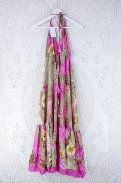 Blossom Halter Maxi Dress - Vintage Sari - Bubble Gum Meadow - Free Size L/XL -Woviqueen Sales blossom maxi halter dress summer boho style 70s hippie midi dress frill hem handmade recycled vintage sari by all about audrey 35