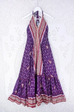 Blossom Halter Maxi Dress - Vintage Sari - Embroiderd Plum Purple Paisley - Free Size S/M