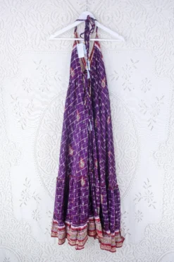 Blossom Halter Maxi Dress - Vintage Sari - Embroiderd Plum Purple Paisley - Free Size S/M -Woviqueen Sales blossom maxi halter dress summer boho style 70s hippie midi dress frill hem handmade recycled vintage sari by all about audrey 86