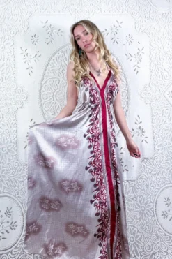 Eden Halter Maxi Dress - Vintage Sari - Rose Gold & Ruby Wildlfower - Free Size M/L -Woviqueen Sales bohemian boho hippie chic retro recycled vintage indian sari maxi halter neck asymmetric hem with drawstring waist all about audrey 102