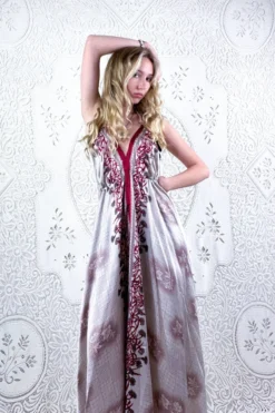 Eden Halter Maxi Dress - Vintage Sari - Rose Gold & Ruby Wildlfower - Free Size M/L -Woviqueen Sales bohemian boho hippie chic retro recycled vintage indian sari maxi halter neck asymmetric hem with drawstring waist all about audrey 103