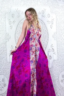 Eden Halter Maxi Dress - Vintage Sari - Psychedelic Fuchsia Paisley - Free Size S/M -Woviqueen Sales bohemian boho hippie chic retro recycled vintage indian sari maxi halter neck asymmetric hem with drawstring waist all about audrey 140