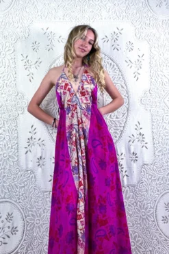 Eden Halter Maxi Dress - Vintage Sari - Psychedelic Fuchsia Paisley - Free Size S/M -Woviqueen Sales bohemian boho hippie chic retro recycled vintage indian sari maxi halter neck asymmetric hem with drawstring waist all about audrey 141