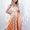 Eden Halter Maxi Dress - Vintage Sari - Peachy Coral Paisley Shimmer - Free Size M/L