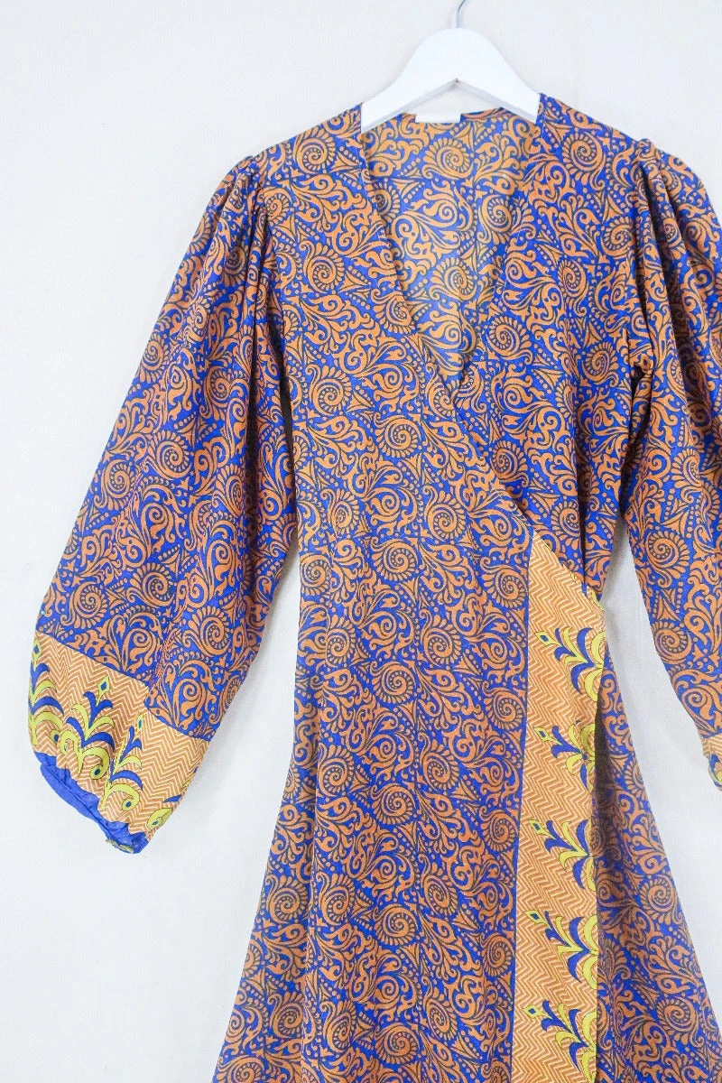Lola Long Wrap Dress - Ginger & Indigo Psychedelic - Vintage Indian Sari - Size S/M 2 Lola Long Wrap Dress - Ginger & Indigo Psychedelic - Vintage Indian Sari - Size S/M - Image 2