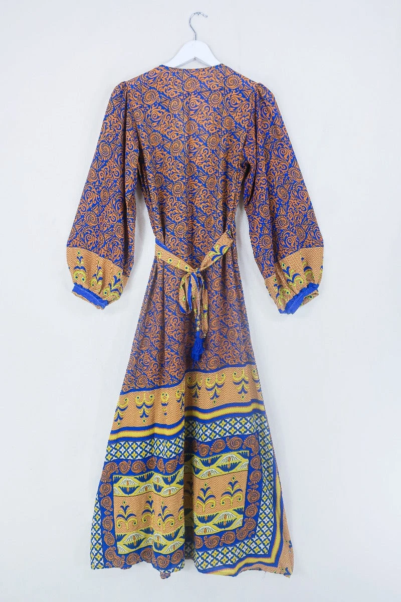 Lola Long Wrap Dress - Ginger & Indigo Psychedelic - Vintage Indian Sari - Size S/M 3 Lola Long Wrap Dress - Ginger & Indigo Psychedelic - Vintage Indian Sari - Size S/M - Image 3