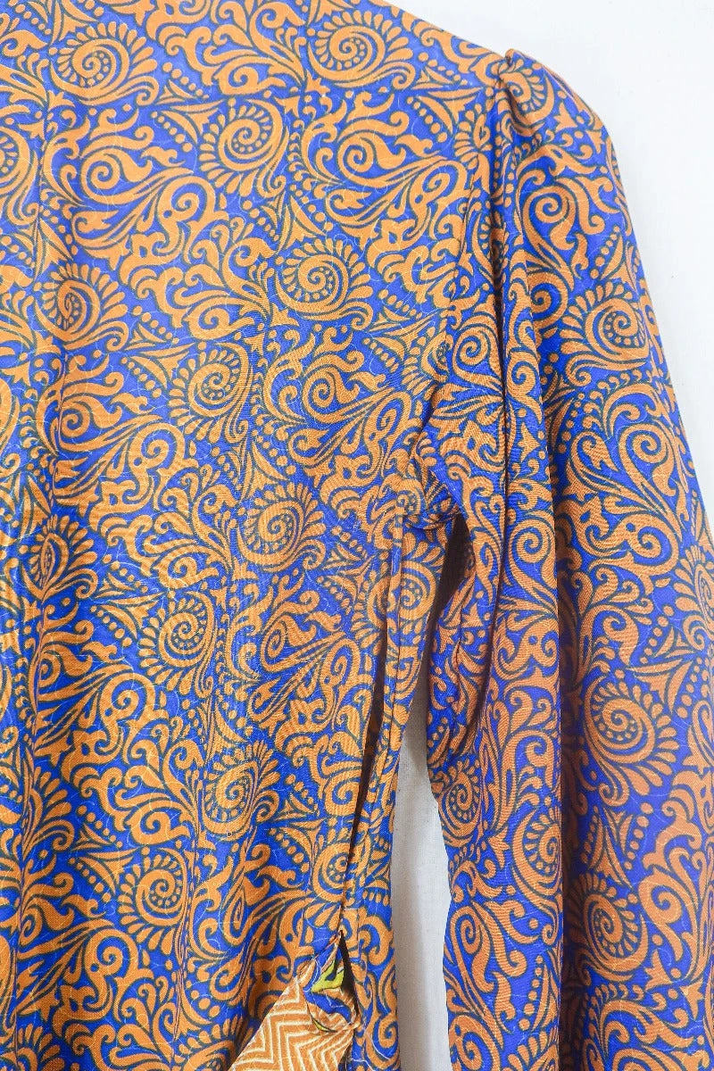 Lola Long Wrap Dress - Ginger & Indigo Psychedelic - Vintage Indian Sari - Size S/M 4 Lola Long Wrap Dress - Ginger & Indigo Psychedelic - Vintage Indian Sari - Size S/M - Image 4