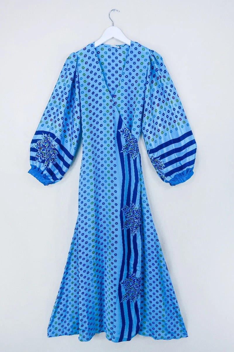 Lola Long Wrap Dress - Crystal Blue Groovy Floral - Vintage Indian Sari - Size S/M 1 Lola Long Wrap Dress - Crystal Blue Groovy Floral - Vintage Indian Sari - Size S/M