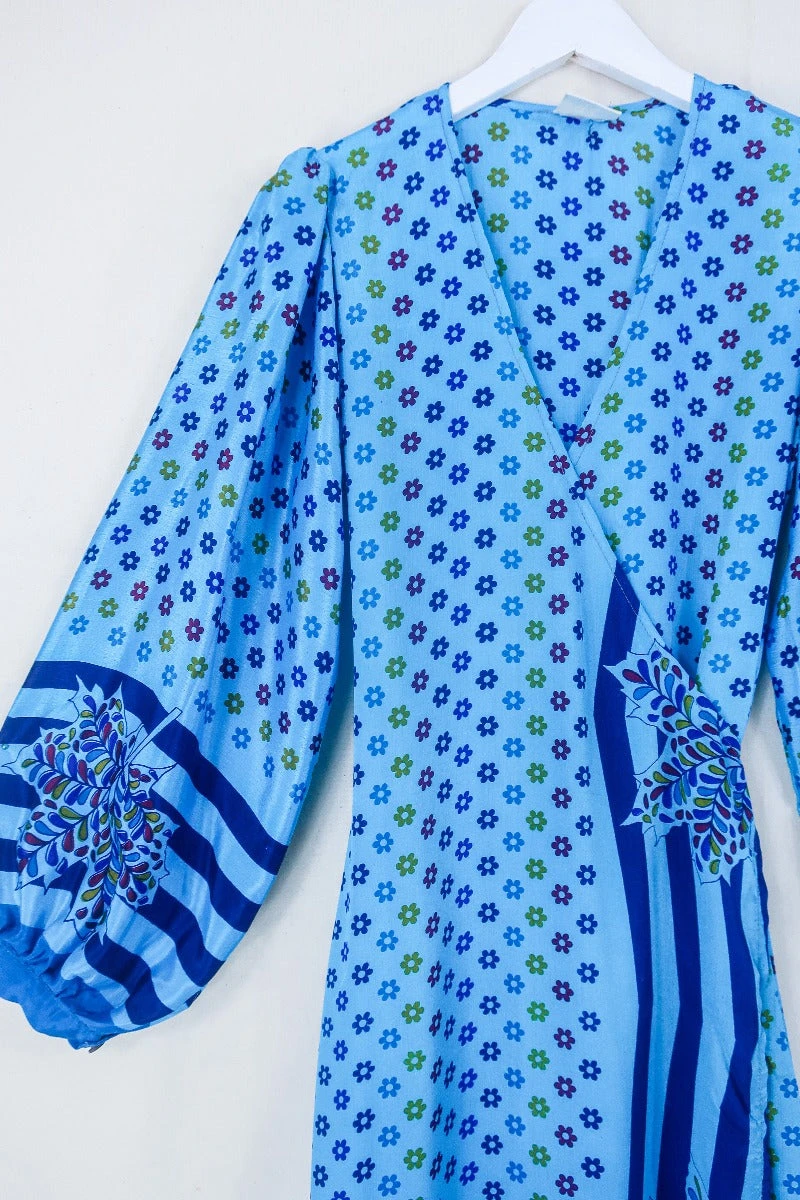 Lola Long Wrap Dress - Crystal Blue Groovy Floral - Vintage Indian Sari - Size S/M 2 Lola Long Wrap Dress - Crystal Blue Groovy Floral - Vintage Indian Sari - Size S/M - Image 2
