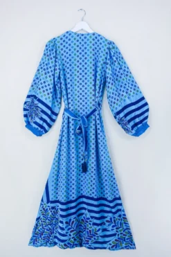 Lola Long Wrap Dress - Crystal Blue Groovy Floral - Vintage Indian Sari - Size S/M 5 Lola Long Wrap Dress - Crystal Blue Groovy Floral - Vintage Indian Sari - Size S/M -Woviqueen Sales bohemian hippie wrap wraparound mini dress balloon sleeves indian recycled silk sari all about audrey 126