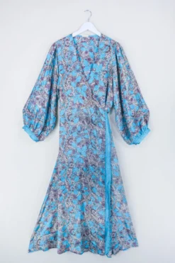 Lola Long Wrap Dress - Turquoise & Bronze Vines - Vintage Indian Sari - Size XXL