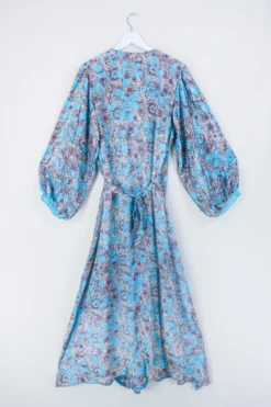 Lola Long Wrap Dress - Turquoise & Bronze Vines - Vintage Indian Sari - Size XXL -Woviqueen Sales bohemian hippie wrap wraparound mini dress balloon sleeves indian recycled silk sari all about audrey 23