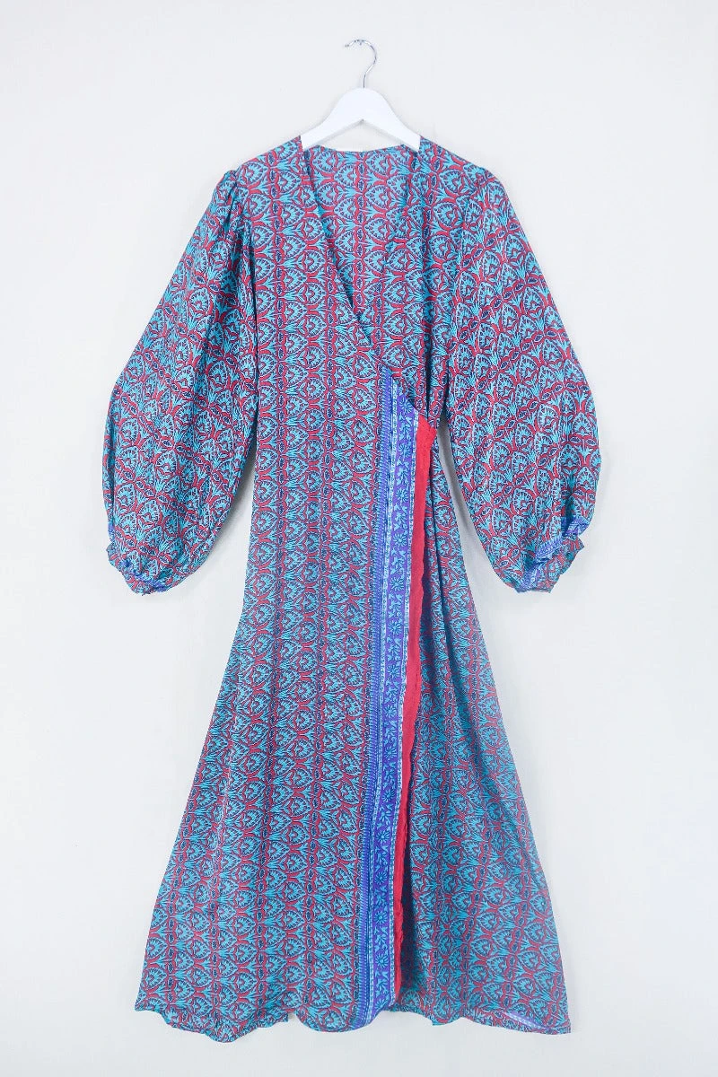 Lola Long Wrap Dress - Aquamarine & Ruby Block Floral - Vintage Indian Sari - Size S/M 1 Lola Long Wrap Dress - Aquamarine & Ruby Block Floral - Vintage Indian Sari - Size S/M