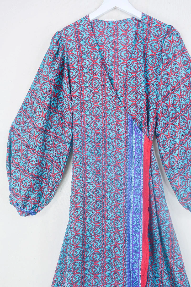 Lola Long Wrap Dress - Aquamarine & Ruby Block Floral - Vintage Indian Sari - Size S/M 2 Lola Long Wrap Dress - Aquamarine & Ruby Block Floral - Vintage Indian Sari - Size S/M - Image 2
