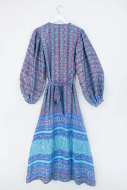 Lola Long Wrap Dress - Aquamarine & Ruby Block Floral - Vintage Indian Sari - Size S/M 5 Lola Long Wrap Dress - Aquamarine & Ruby Block Floral - Vintage Indian Sari - Size S/M -Woviqueen Sales bohemian hippie wrap wraparound mini dress balloon sleeves indian recycled silk sari all about audrey 87