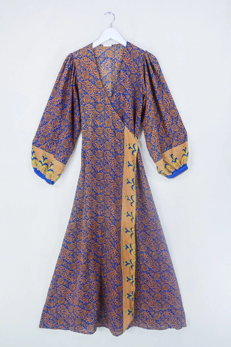 Lola Long Wrap Dress - Ginger & Indigo Psychedelic - Vintage Indian Sari - Size S/M 1 Lola Long Wrap Dress - Ginger & Indigo Psychedelic - Vintage Indian Sari - Size S/M