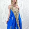 Eden Halter Maxi Dress - Vintage Sari - Majorelle Blue & Beige Leaf Print - Free Size S/M