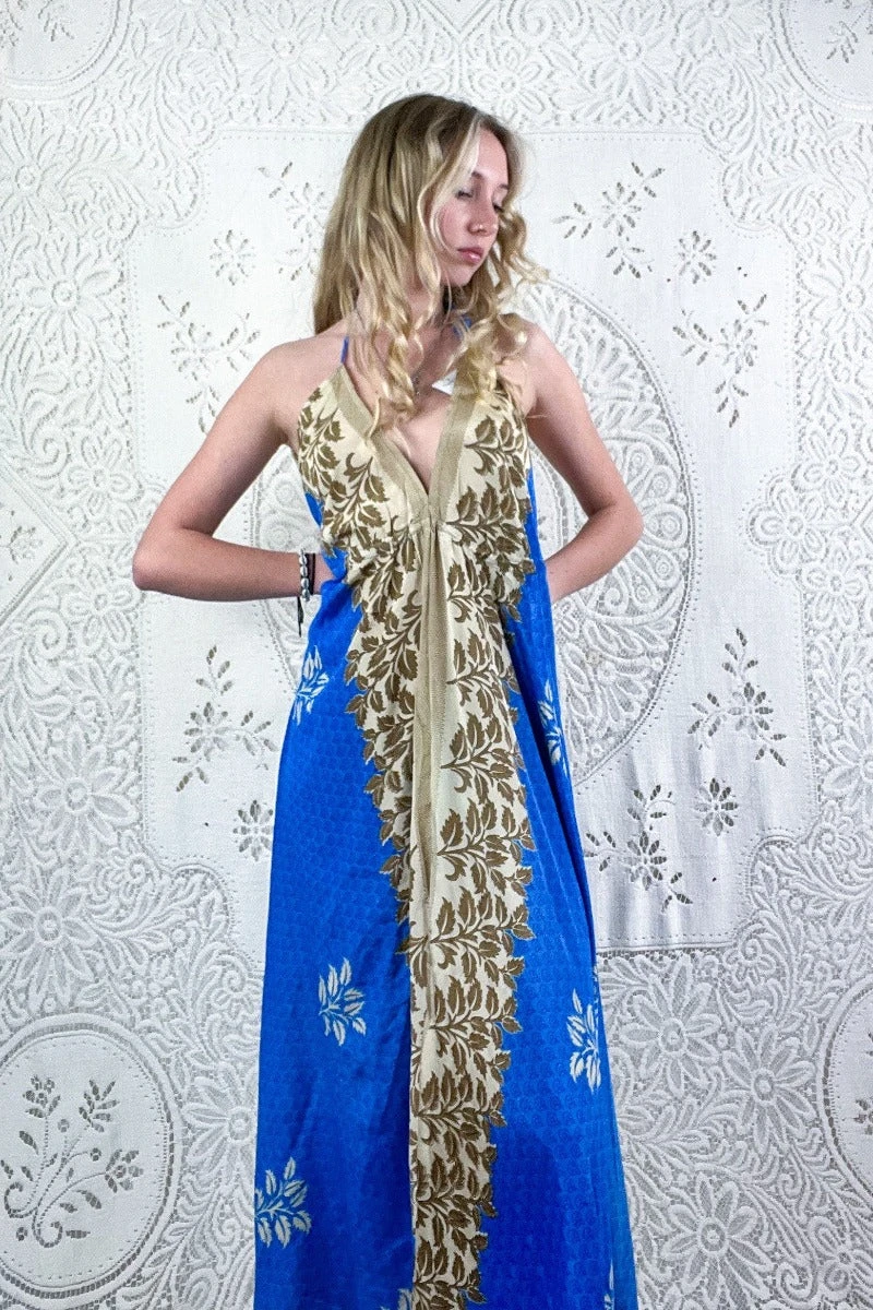 Eden Halter Maxi Dress - Vintage Sari - Majorelle Blue & Beige Leaf Print - Free Size S/M 3 Eden Halter Maxi Dress - Vintage Sari - Majorelle Blue & Beige Leaf Print - Free Size S/M - Image 3