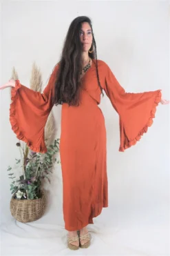 Khroma Venus Maxi Dress - Red Clay -Woviqueen Sales boho hippie rayon frill bell sleeve wrap dress in red clay all about audrey 1