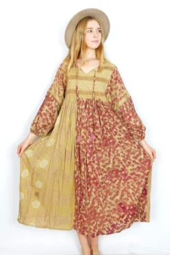 Daisy Midi Smock Dress - Vintage Indian Cotton Sari - Strawflower & Rosehip - XS