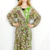 Daisy Midi Smock Dress - Vintage Indian Cotton Sari - Taupe & Spring Green Leaf Print - S/M