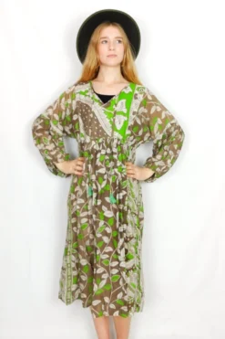 Daisy Midi Smock Dress - Vintage Indian Cotton Sari - Taupe & Spring Green Leaf Print - S/M