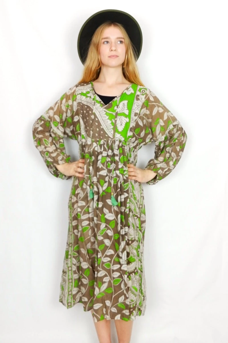 Daisy Midi Smock Dress - Vintage Indian Cotton Sari - Taupe & Spring Green Leaf Print - S/M 1 Daisy Midi Smock Dress - Vintage Indian Cotton Sari - Taupe & Spring Green Leaf Print - S/M