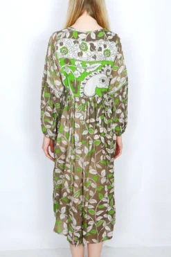 Daisy Midi Smock Dress - Vintage Indian Cotton Sari - Taupe & Spring Green Leaf Print - S/M 8 Daisy Midi Smock Dress - Vintage Indian Cotton Sari - Taupe & Spring Green Leaf Print - S/M -Woviqueen Sales dais midi smock 70s boho dres vintage indian organic cotton all about audrey 8