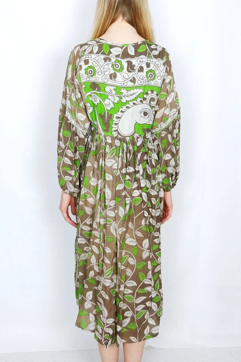 Daisy Midi Smock Dress - Vintage Indian Cotton Sari - Taupe & Spring Green Leaf Print - S/M 3 Daisy Midi Smock Dress - Vintage Indian Cotton Sari - Taupe & Spring Green Leaf Print - S/M - Image 3