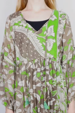 Daisy Midi Smock Dress - Vintage Indian Cotton Sari - Taupe & Spring Green Leaf Print - S/M 9 Daisy Midi Smock Dress - Vintage Indian Cotton Sari - Taupe & Spring Green Leaf Print - S/M -Woviqueen Sales dais midi smock 70s boho dres vintage indian organic cotton all about audrey 9