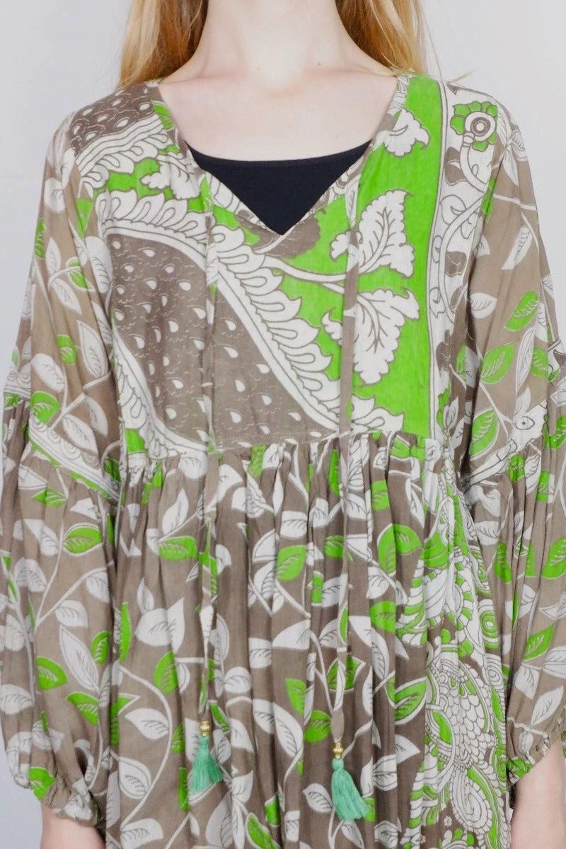 Daisy Midi Smock Dress - Vintage Indian Cotton Sari - Taupe & Spring Green Leaf Print - S/M 4 Daisy Midi Smock Dress - Vintage Indian Cotton Sari - Taupe & Spring Green Leaf Print - S/M - Image 4
