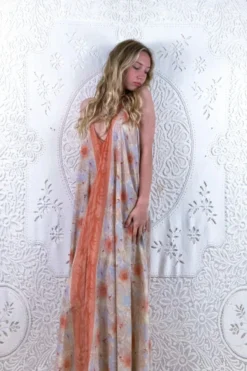 Athena Maxi Dress - Vintage Sari - Coral Pink, Pearl & Cream Floral - S - L/XL -Woviqueen Sales floaty strappy halter neck recycled vintage indian sari strappy maxi sundress dress boho hippie chic party all about audrey 110 f2e16e8e 6cc6 40f8 8ce0 a22cda083877