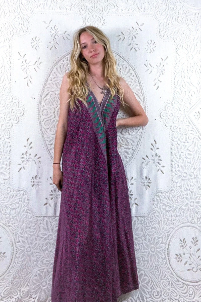 Athena Maxi Dress - Vintage Sari - Mulberry Purple & Jade Tile Print - XS - M/L 1 Athena Maxi Dress - Vintage Sari - Mulberry Purple & Jade Tile Print - XS - M/L