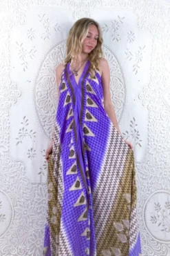 Athena Maxi Dress - Vintage Sari - Lavender & Fawn Fern Chevron Print - XS - M/L