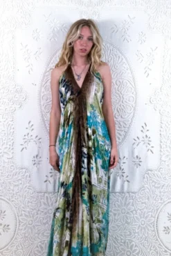 Athena Maxi Dress - Vintage Sari - Aqua & Earth Tone Illustrations - XS - M/L 6 Athena Maxi Dress - Vintage Sari - Aqua & Earth Tone Illustrations - XS - M/L -Woviqueen Sales floaty strappy halter neck recycled vintage indian sari strappy maxi sundress dress boho hippie chic party all about audrey 279