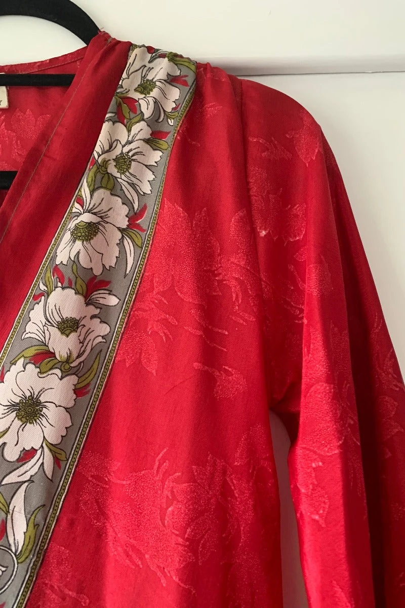 Karina Kimono Mini Dress - Vintage Sari - Crimson Nouveau Floral - Free Size S/M 5 Karina Kimono Mini Dress - Vintage Sari - Crimson Nouveau Floral - Free Size S/M - Image 5