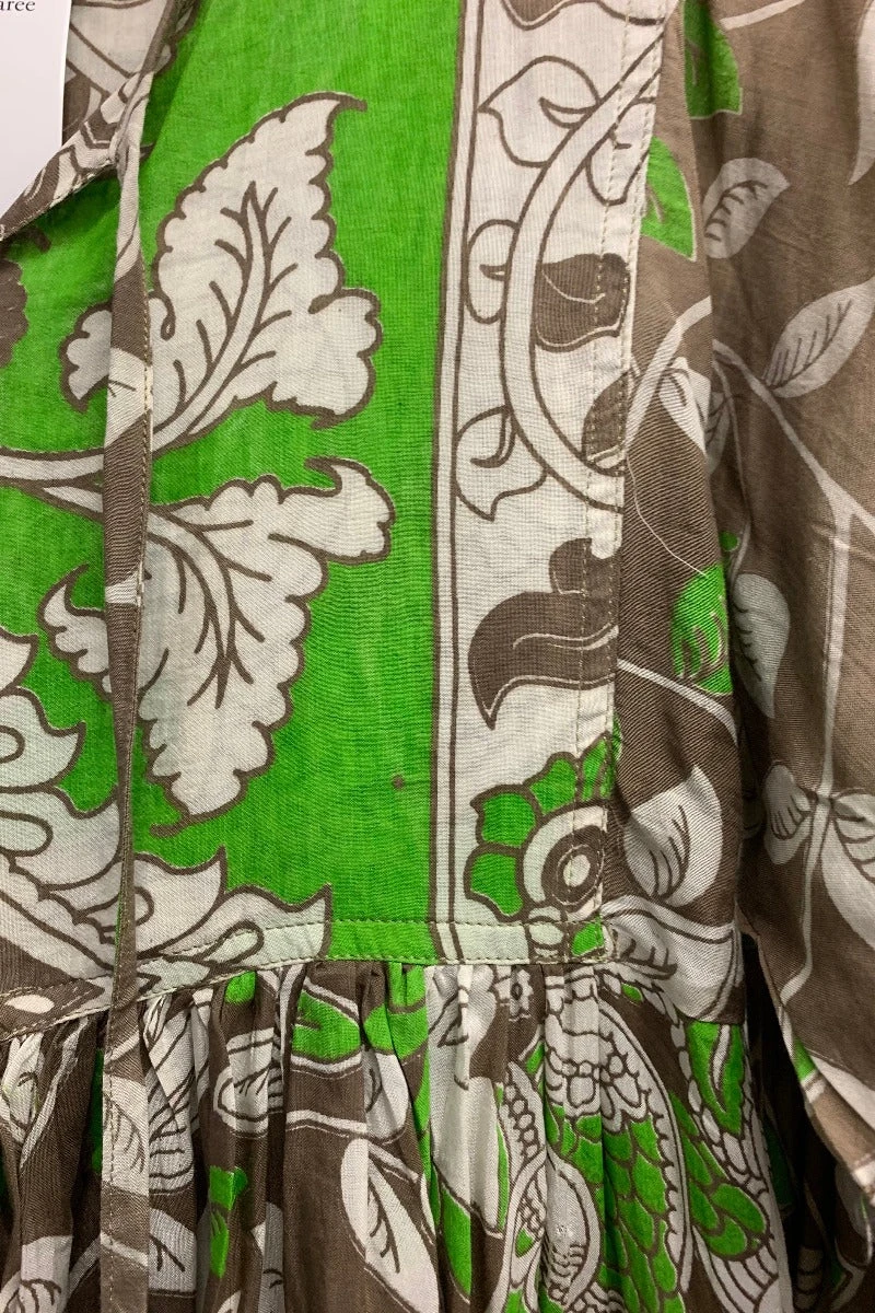 Daisy Midi Smock Dress - Vintage Indian Cotton Sari - Taupe & Spring Green Leaf Print - S/M 6 Daisy Midi Smock Dress - Vintage Indian Cotton Sari - Taupe & Spring Green Leaf Print - S/M - Image 6