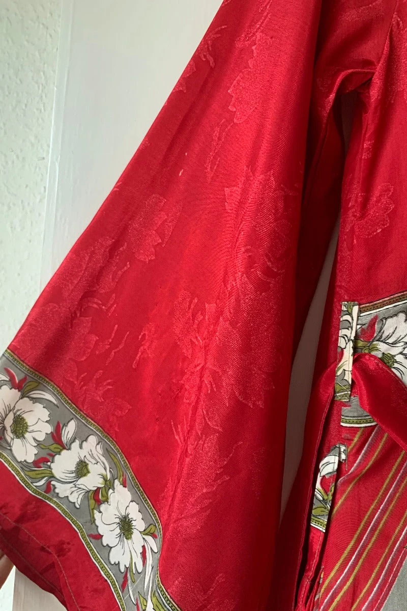 Karina Kimono Mini Dress - Vintage Sari - Crimson Nouveau Floral - Free Size S/M 6 Karina Kimono Mini Dress - Vintage Sari - Crimson Nouveau Floral - Free Size S/M - Image 6