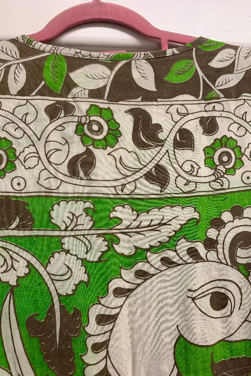 Daisy Midi Smock Dress - Vintage Indian Cotton Sari - Taupe & Spring Green Leaf Print - S/M 5 Daisy Midi Smock Dress - Vintage Indian Cotton Sari - Taupe & Spring Green Leaf Print - S/M - Image 5