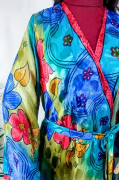 Karina Kimono Mini Dress - Vintage Sari - Vivid Kaleidoscope Floral - Free Size S/M -Woviqueen Sales karina midi length long sleeve boho kimono wide sleeve hippie jacket handmade from recycled vintage 70s indian silky sari colourful bohemian robe by all about audrey 10 scaled